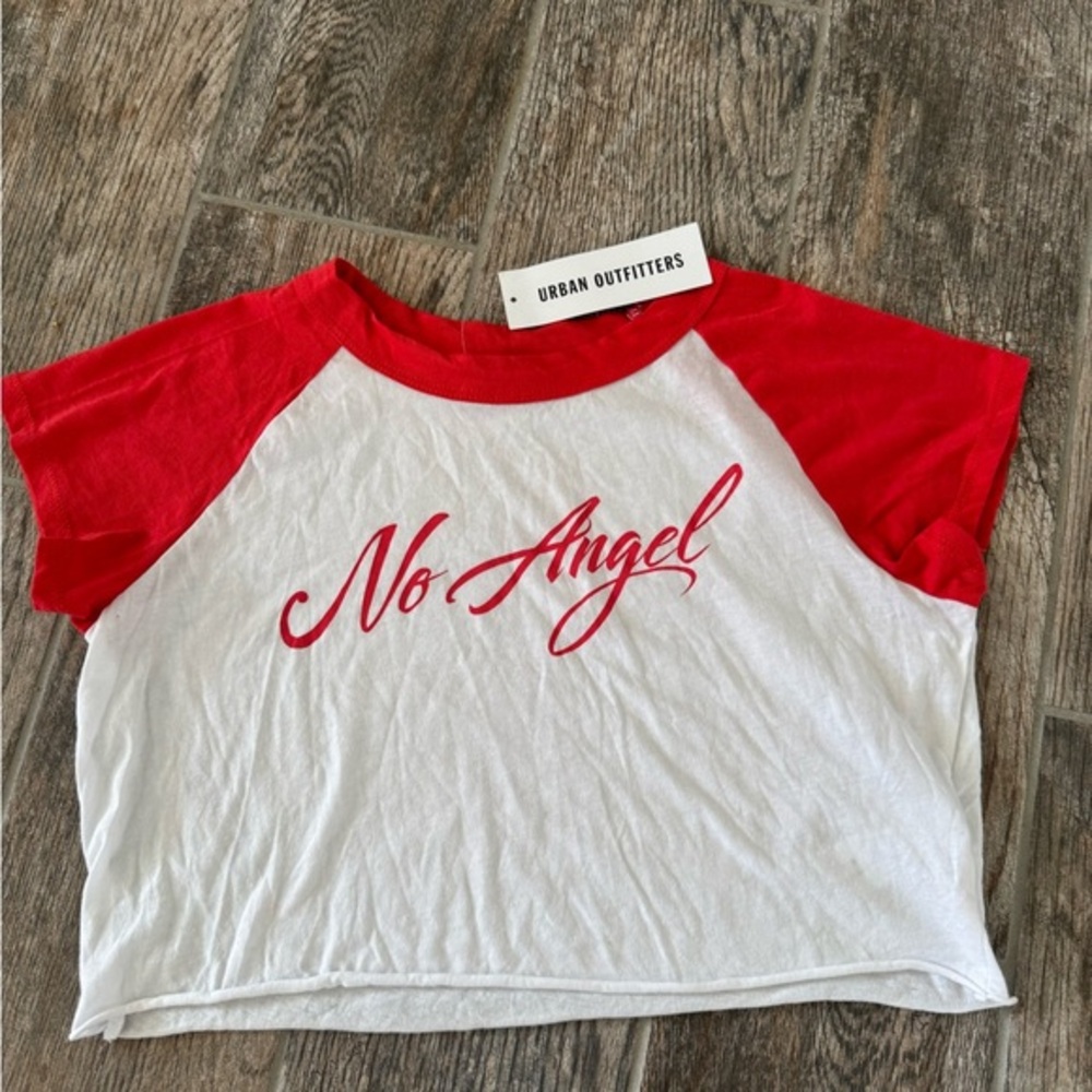 Urban Outfitters Red and White 'No Angel' Tee cropped